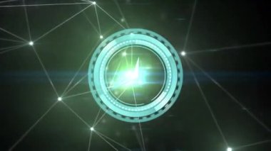 Saatin animasyonu siyah arkaplandaki bağlantılar ağının üzerinden hızla geçiyor. zaman ve teknoloji konsepti dijital olarak oluşturulmuş video.