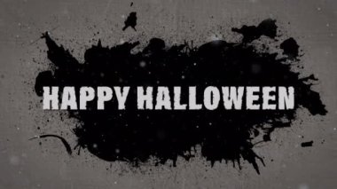 Gri arkaplanda siyah lekeler üzerine mutlu Cadılar Bayramı metni animasyonu. Cadılar bayramı, sonbahar, kutlama ve geleneksel konsept dijital olarak oluşturulmuş video.
