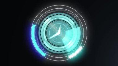 Siyah arkaplanda saatle tarama animasyonu. küresel bağlantılar, veri işleme ve dijital arayüz konsepti dijital olarak oluşturulmuş video.