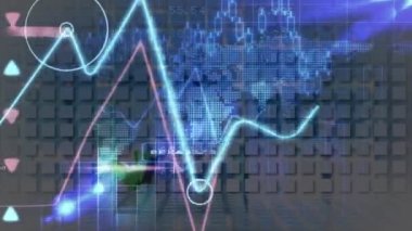 Dünya haritası üzerinde veri işleme ve finansal istatistiklerin animasyonu. küresel hesaplama, veri işleme, bağlantılar ve dijital arayüz konsepti dijital olarak oluşturulmuş video.