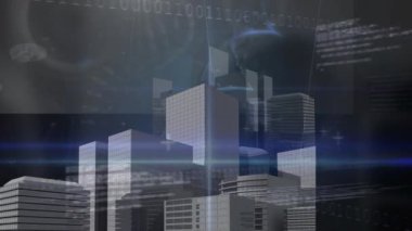 Şehir manzarası üzerinde DNA ipliği ve veri işleme animasyonu. küresel iş, veri işleme ve dijital arayüz kavramı dijital olarak oluşturulmuş video.