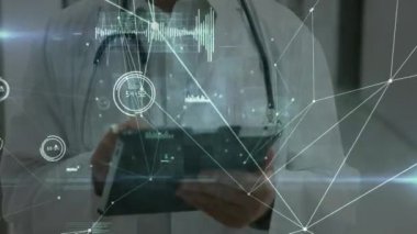 Doktor üzerinden bağlantılar ve veri işleme ağının animasyonu. küresel bağlantılar, veri işleme ve dijital arayüz konsepti dijital olarak oluşturulmuş video.