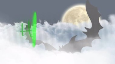 Cadılar bayramı yazıları ve yarasaların gece arkaplanındaki animasyonu. Cadılar bayramı geleneği ve dijital olarak oluşturulan kutlama konsepti.