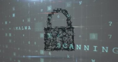 Tarama animasyonu, numaralar ve çevrimiçi güvenlik kilidi. küresel internet güvenliği, veri işleme, bağlantılar ve dijital arayüz konsepti dijital olarak oluşturulmuş video.