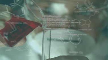 Laboratuvardaki kadın bilim adamı üzerinde tıbbi veri işleme animasyonu. küresel bilim, bağlantılar, veri işleme ve dijital arayüz kavramı dijital olarak oluşturulmuş video