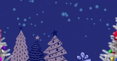 Mavi arka planda, Noel ağacının üzerine düşen kar animasyonu. Noel, gelenek ve kutlama konsepti dijital olarak oluşturuldu.