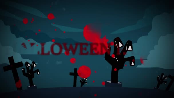 夜空を背景に ハロウィンの挨拶のアニメーションが交差し 手と血の汚れ ハロウィーンの伝統とお祝いのコンセプトデジタル生成ビデオ — ストック動画