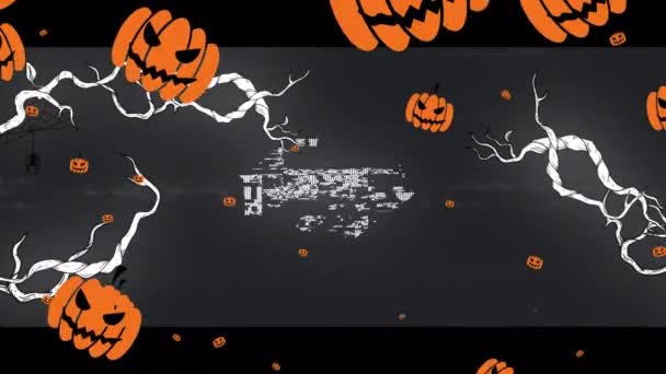 ハロウィンの挨拶や黒い背景に浮かぶカボチャのアニメーション ハロウィーンの伝統とお祝いのコンセプトデジタル生成ビデオ — ストック動画
