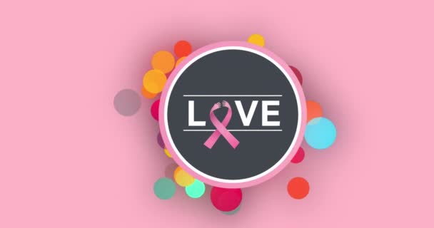 在粉色背景上的彩色斑点上的爱情文字的动画 乳腺癌认识运动概念数字化生成的视频 — 图库视频影像