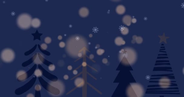 暗い背景にモミの木の上に降る雪のアニメーション クリスマス お祝いのコンセプトをデジタルで — ストック動画