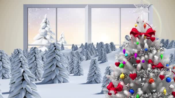冬の風景の上に落ちる雪に対する白いクリスマスツリーと窓枠 クリスマス フェスティバルとお祝いのコンセプト — ストック動画