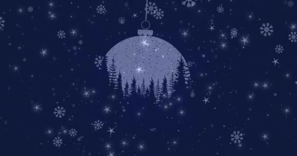 Aniamción Nieve Cayendo Sobre Abetos Adornos Navideños Navidad Tradición Concepto — Vídeo de stock