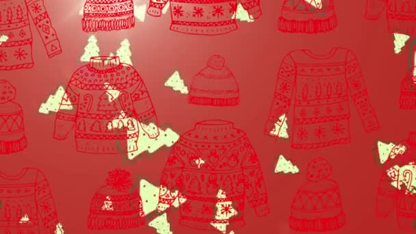 Animation Chute Arbre Noël Sur Impression Pullover Sur Fond Rouge — Video