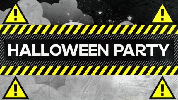 Animation Von Text Der Halloween Party Mit Warnschildern Über Wolken — Stockvideo
