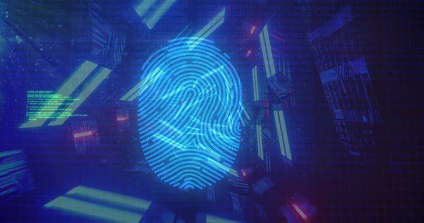 Image of digital interface with blue and green biometric fingerprint scanning and data processing with blue neon shapes. Global digital online security concept digitally generated image.