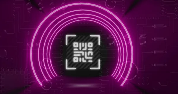Image Glowing Code Pink Neon Circle Elements Pink Circuit Board — Stock Photo, Image