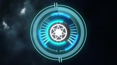 Bulutların üzerinde güneş sembolü olan taramaların animasyonu kara arka planda fırtına gibi esiyor. küresel bağlantılar, veri işleme ve dijital arayüz konsepti dijital olarak oluşturulmuş video.