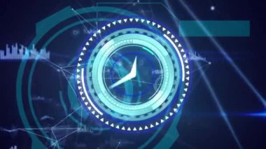 Siyah arkaplandaki bağlantı ağı üzerinden saatle taramanın animasyonu. küresel bağlantılar, veri işleme ve dijital arayüz konsepti dijital olarak oluşturulmuş video.