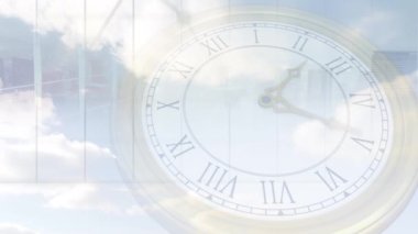 Saatin üstünde hareket eden şehir manzarası animasyonu. küresel ağlar, iş dünyası, veri işleme ve dijital arayüz kavramı dijital olarak oluşturulmuş video.