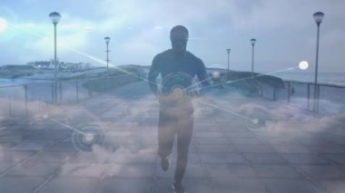Afrika kökenli Amerikalı bir adamın iskelede koşması üzerine kurulan bağlantı ağının animasyonu. sağlıklı aktif yaşam tarzı ve küresel ağ konsepti dijital olarak oluşturulmuş video.