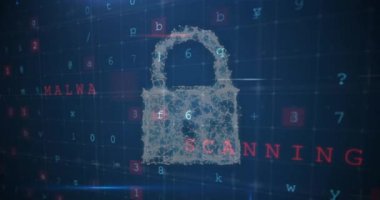 Tarama animasyonu, numaralar ve çevrimiçi güvenlik kilidi. küresel internet güvenliği, veri işleme, bağlantılar ve dijital arayüz konsepti dijital olarak oluşturulmuş video.
