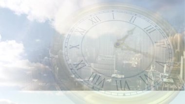 Saatin üstünde hareket eden şehir manzarası animasyonu. küresel ağlar, iş dünyası, veri işleme ve dijital arayüz kavramı dijital olarak oluşturulmuş video.