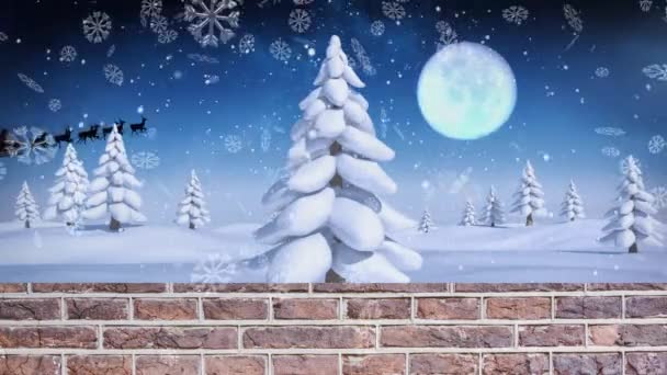 Schneeflocken Fallen Über Ziegelsteinplanken Gegen Winterlandschaft Und Mond Nachthimmel Weihnachtsfeier — Stockvideo