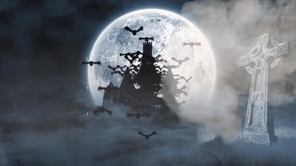 Animacja Tekstu Halloween Nad Nietoperzami Mucha Cmentarz Zamek Halloween Jesień — Wideo stockowe