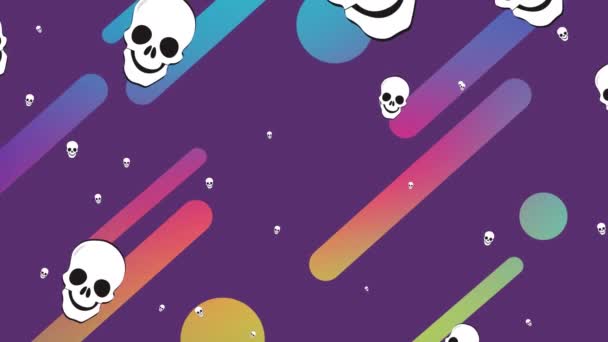 Анимация Плавающих Черепов Красочных Фигур Фиолетовом Фоне Хэллоуинская Традиция Концепция — стоковое видео
