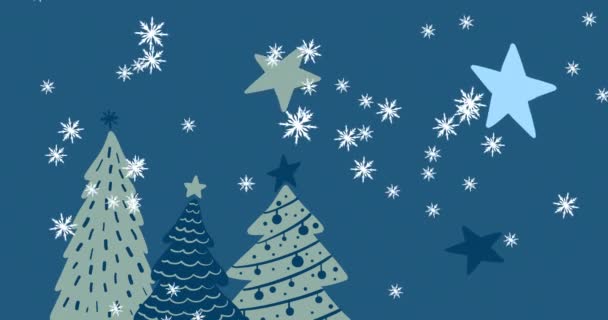 在蓝色背景的圣诞树上飘扬着雪花和星星的动画 圣诞节 传统和庆祝概念数字制作的视频 — 图库视频影像