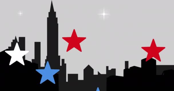Animatie Van Rood Blauwe Witte Sterren Boven Stadsgezicht Amerikaans Patriottisme — Stockvideo