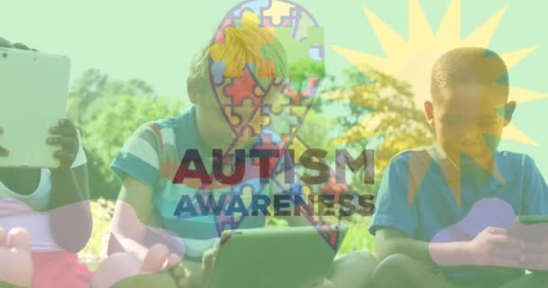 Animatie Van Kleurrijke Puzzelstukjes Autistische Tekst Schoolkinderen Met Behulp Van — Stockvideo