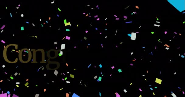 Анимация Текста Поздравления Желтыми Буквами Поверх Конфетти Плавающих Черном Фоне — стоковое видео
