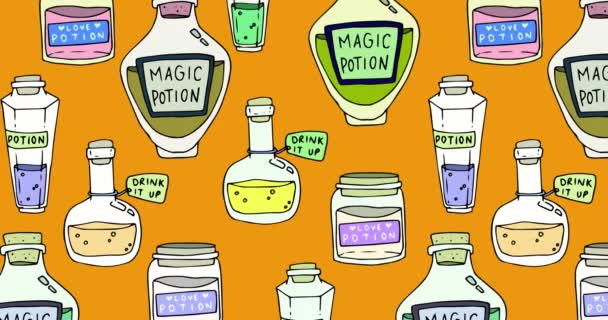 Animation Bouteilles Potion Macique Sur Fond Orange Tradition Halloween Concept — Video