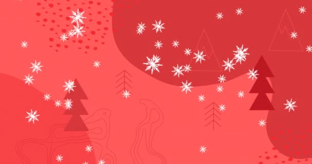 Animatie Van Sneeuw Vallen Kerstversieringen Sparren Bomen Rode Achtergrond Kerstmis — Stockvideo