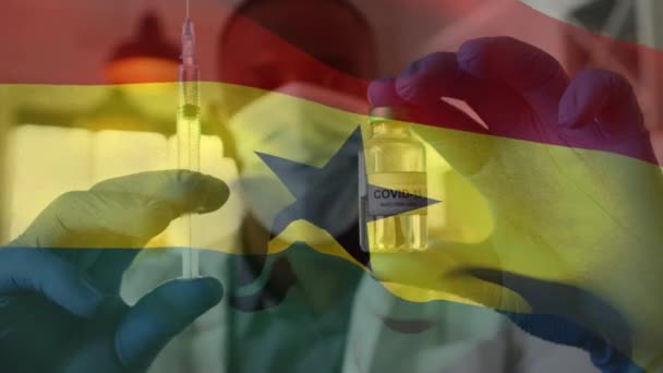 Animation Flag Ghana Waving Doctor Wearing Face Mask Holding Vaccine — Stock Video