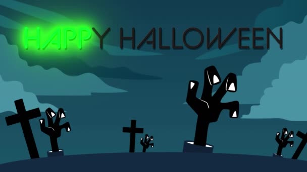 Animation Neon Halloween Greetings Cemetery Night Sky Background Halloween Tradition — Stock Video