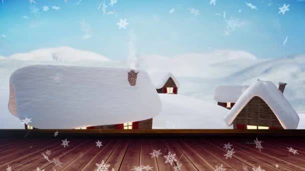 Schneeflocken Schweben Über Holzplanken Vor Winterlicher Landschaft Und Blauem Himmel — Stockvideo