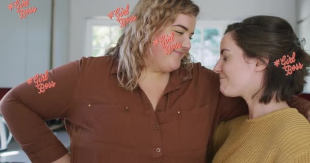 2人の女が頭を触っている少女パワーテキストのアニメーション 女性の力フェミニズムとジェンダー平等の概念をデジタルで生成し — ストック動画