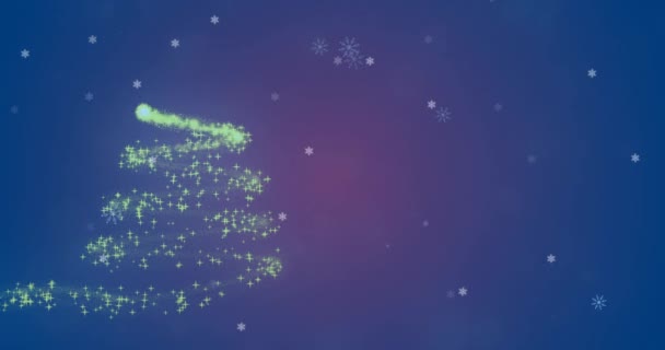 Animación Árbol Navidad Estrella Fugaz Con Nieve Cayendo Sobre Fondo — Vídeo de stock