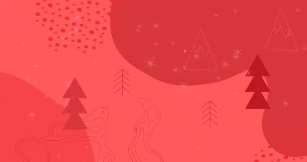 Animación Nieve Cayendo Sobre Árboles Patrón Navideño Sobre Fondo Rojo — Vídeo de stock