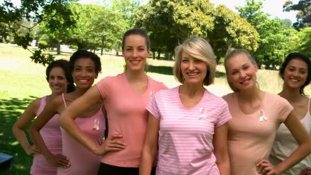 Animation Eines Rosafarbenen Brustkrebsbands Über Einer Gruppe Lächelnder Frauen Konzept — Stockvideo