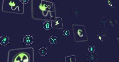 Siyah arka planda ekoloji simgelerinin canlandırılması. küresel ağlar, iş dünyası, veri işleme ve dijital arayüz kavramı dijital olarak oluşturulmuş video.