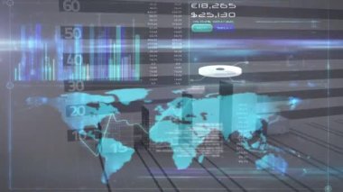 Dünya haritası üzerinde veri işleme ve finansal istatistiklerin animasyonu. küresel hesaplama, veri işleme, bağlantılar ve dijital arayüz konsepti dijital olarak oluşturulmuş video.