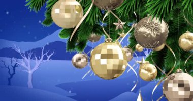 Kış manzarasında süslenmiş köknar ağacı dallarının animasyonu. Noel, gelenek ve kutlama konsepti dijital olarak oluşturuldu.