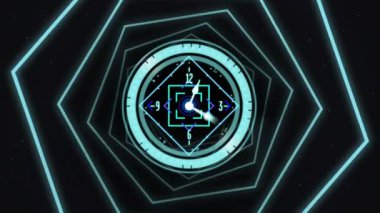 Geometrik şekiller üzerinde saatle tarama yapmanın animasyonu siyah arkaplan. küresel bağlantılar, veri işleme ve dijital arayüz konsepti dijital olarak oluşturulmuş video.