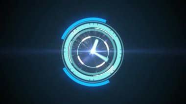 Siyah arkaplandaki bağlantı ağı üzerinden saatle taramanın animasyonu. küresel bağlantılar, veri işleme ve dijital arayüz konsepti dijital olarak oluşturulmuş video.