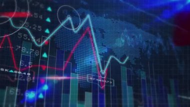 Dünya haritası üzerinde veri işleme ve finansal istatistiklerin animasyonu. küresel hesaplama, veri işleme, bağlantılar ve dijital arayüz konsepti dijital olarak oluşturulmuş video.