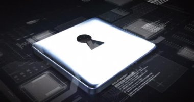 İşlemci animasyonu, veri işleme ve çevrimiçi güvenlik asma kilidi. küresel internet güvenliği, veri işleme, bağlantılar ve dijital arayüz konsepti dijital olarak oluşturulmuş video.