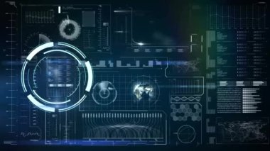 Mavi arkaplanda tarama ve veri işleme animasyonu. küresel iş, veri işleme, bağlantılar ve dijital arayüz konsepti dijital olarak oluşturulmuş video.